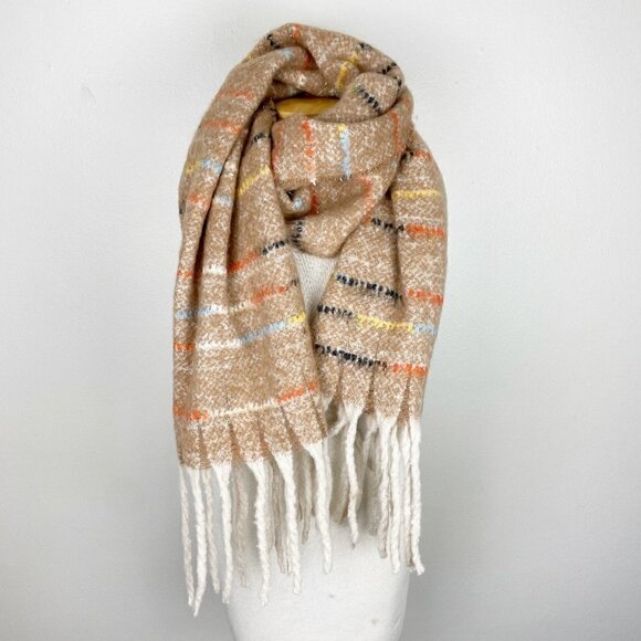 Cozy Super Soft Light Tan Scarf. Fuzzy striped design, fringe detail, neutral - Picture 1 of 7